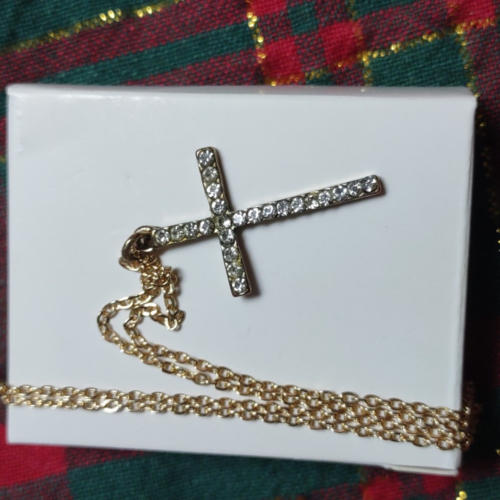 White Crystal Cross Pendant Goldtone Chain Renewed